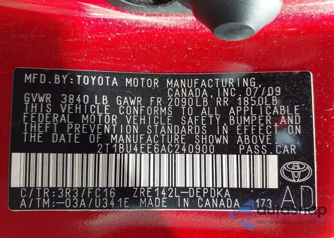 2010 Toyota Corolla Le z USA, uszkodzony, nr VIN 2T1BU4EE6AC240900